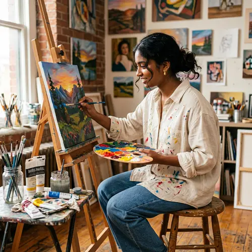 Creative South Asian Girl Painting on Canvas with Vibrant Colors