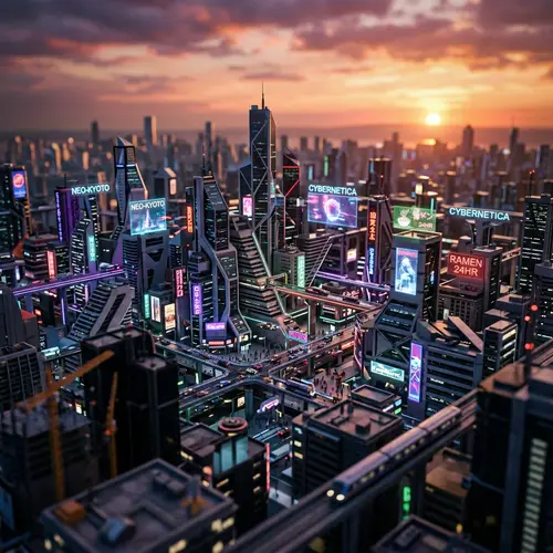 Futuristic Cyberpunk Cityscape at Sunset | Urban Design & Neon Lights