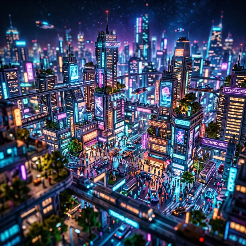 Neon Cyberpunk Cityscape at Night | Miniature Urban Metropolis
