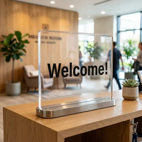 Transparent Acrylic 'Welcome!' Sign with Light-Refracting Effect