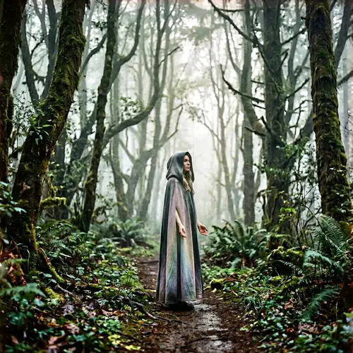 Ethereal Foggy Forest: Mysterious Figure in Serene Setting