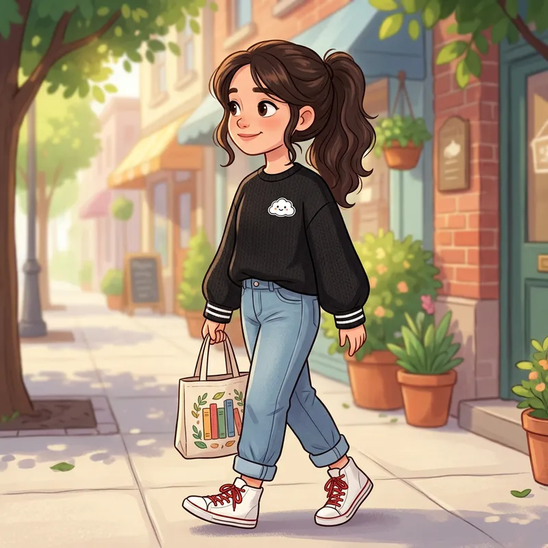 Cute Girl Cartoon in Chic Black Top