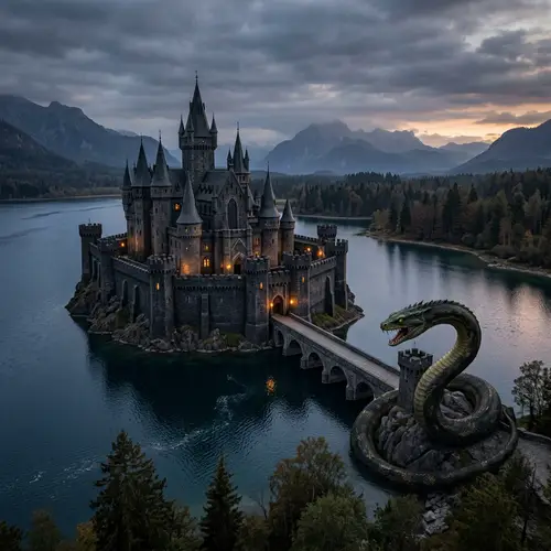 Imposing Black Castle Surrounded by a Lake