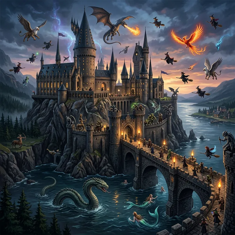 Imposing Castle-School with Mythical Creatures and Basilisk
