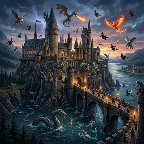 Mythical Creatures Castle-School with Basilisk and Mermaids