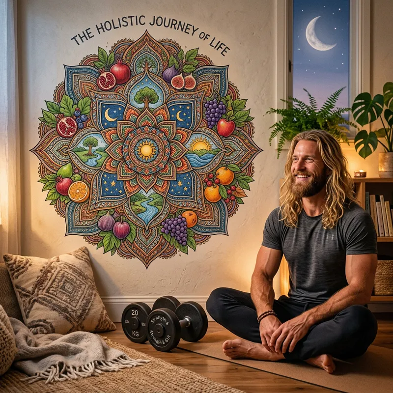 Holistic Mandala with Fruits, Moon, Pillow, Dumbbells, and Smiling Man