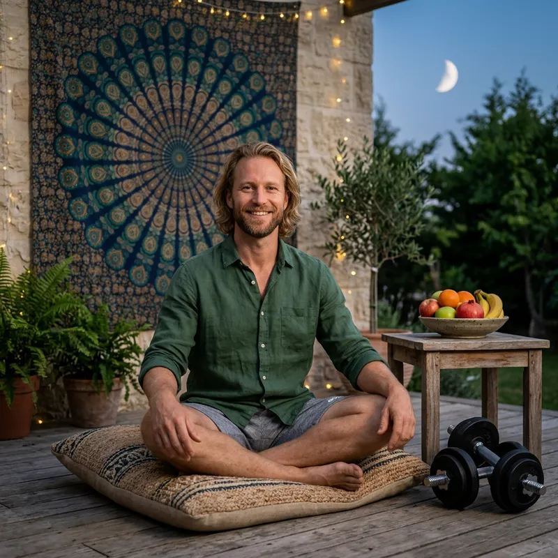 Smiling Strong Caucasian Man with Mandala and Fruit