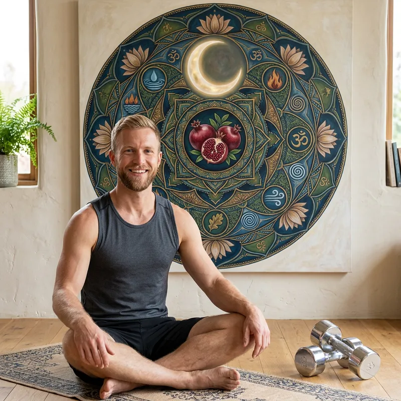 Mandala Holistic Life Fruit Moon Dumbbells Strong Smiling Man