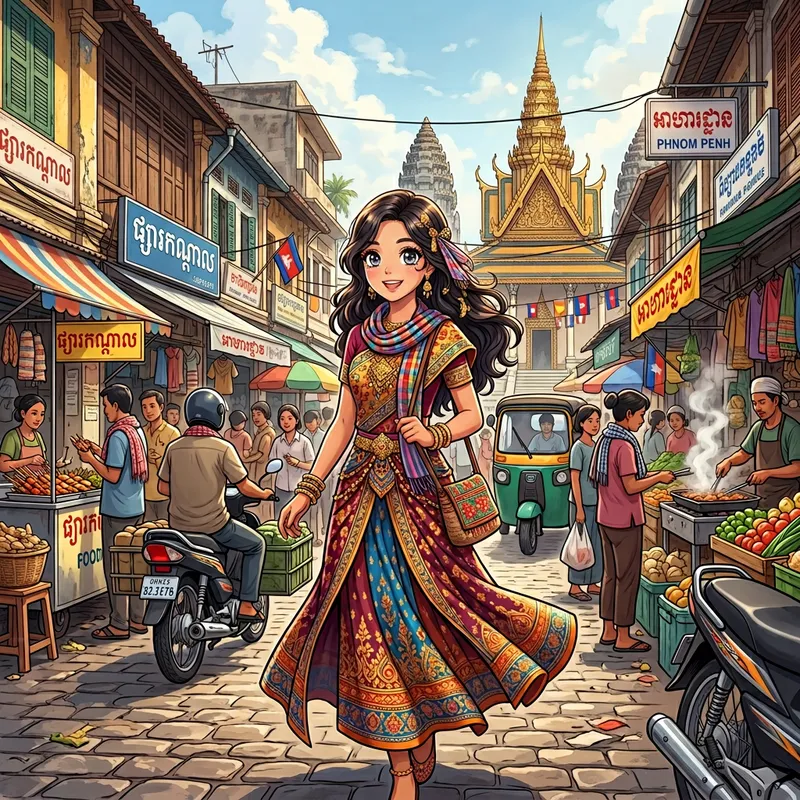 Cambodian Anime Girl in Traditional Dress Exploring Vibrant Cambodian Streets