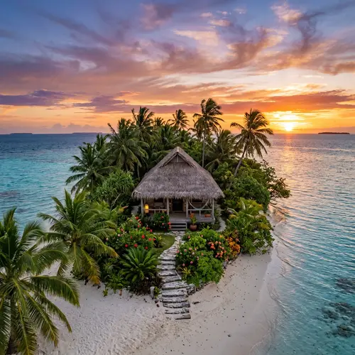 Tranquil Tropical Island Retreat with Straw Hut and Hibiscus Flowers