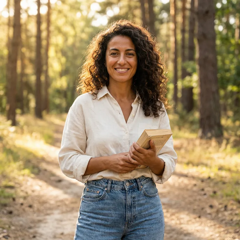 Realistic Portrait of a Confident Woman in Tranquil Natural Setting