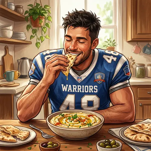 Athletic Man Enjoying Hummus - Football Player Delighting in Meal