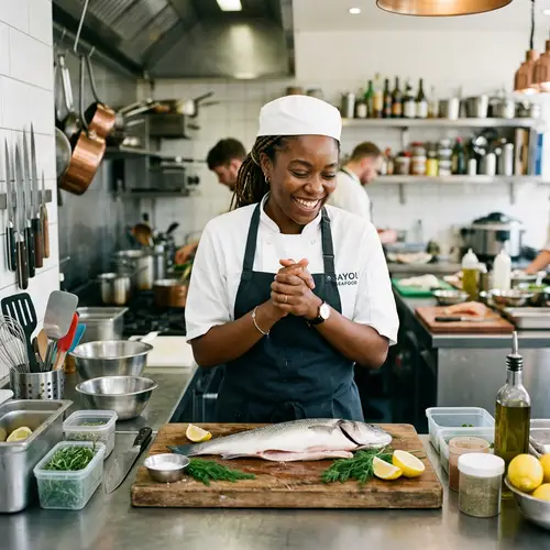 Happy Black Woman Chef Preparing Fresh Fish in Seafood Kitchen