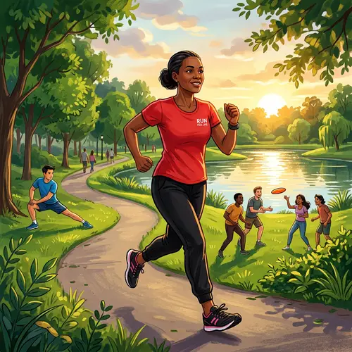 Active Lifestyle Illustration: Middle-Aged African Woman Running in Park