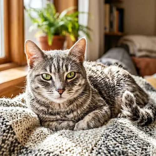Domestic Cat with Triangular Face and Grey Coat | Relaxing Pose on Blanket