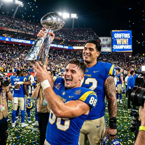 Professional Football Player Celebrates Victory with Championship Trophy