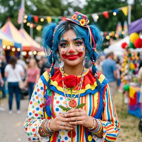 Whimsical South Asian Clown Girl with Blue Hair and Red Rose