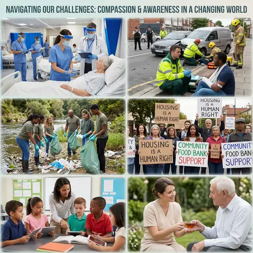 Modern Societal Challenges Collage - Healthcare, Accidents, Environmental Issues