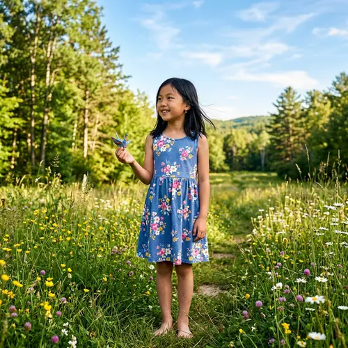 Young Asian Girl in Blue Dress with Origami Bird in Meadow