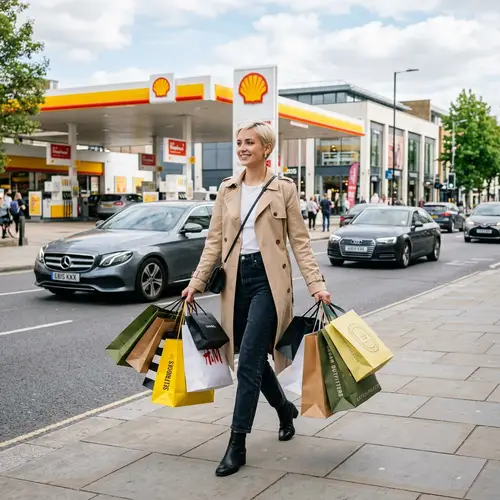 Stylish Young Woman Shopping with Many Bags | Gas Station Background