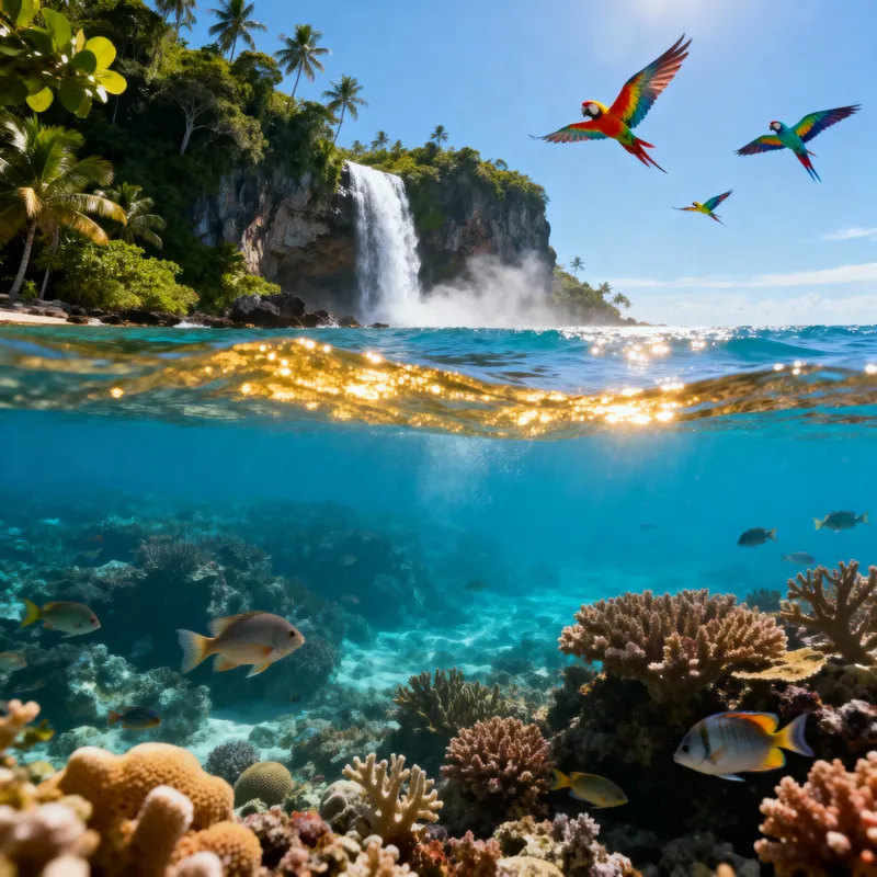 Tranquil Paradise Island with Waterfall View