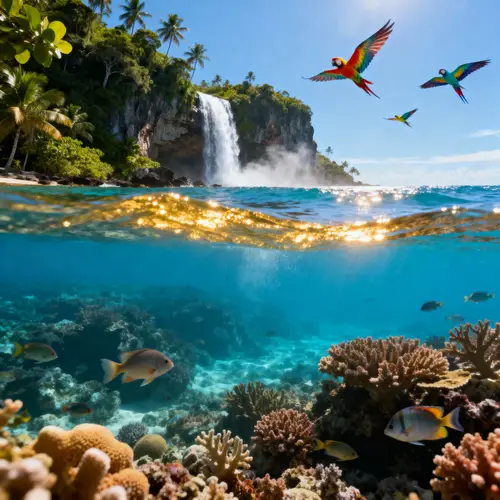 Tranquil Paradise Island with Waterfall View