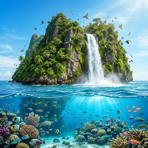 Tranquil Paradise Island with Waterfall View