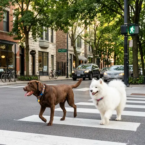 Safe Urban Scene: Labrador & Samoyed Crossing Road