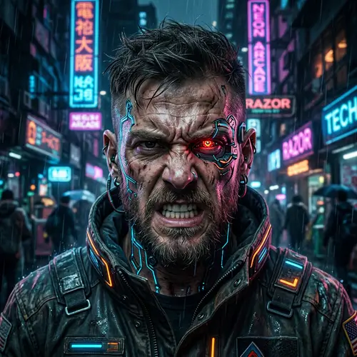 Cyberpunk Angry Man Head - Edgy Digital Art