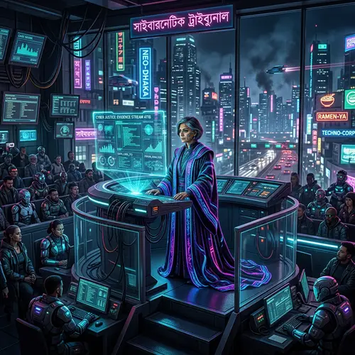 Futuristic Cyberpunk City Courtroom with South Asian Judge