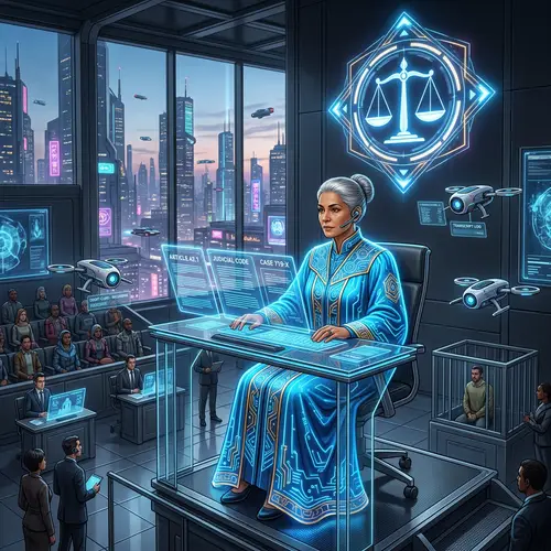Futuristic Judge in Luminescent Cerulean Robe | Digital Justice Setting