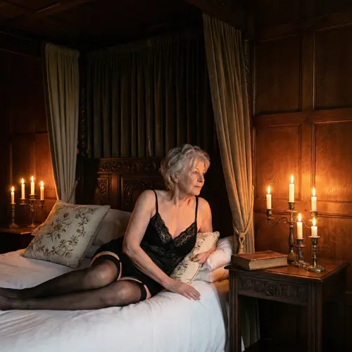 Elegant Granny in Black Lingerie: Sultry Bedroom Scene