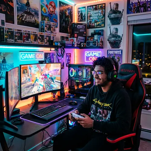 Enthusiastic 20-Year-Old Male Gamer in Well-Lit Gaming Room