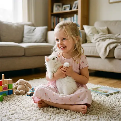 Adorable 4-Year-Old Girl Holding White Kitten