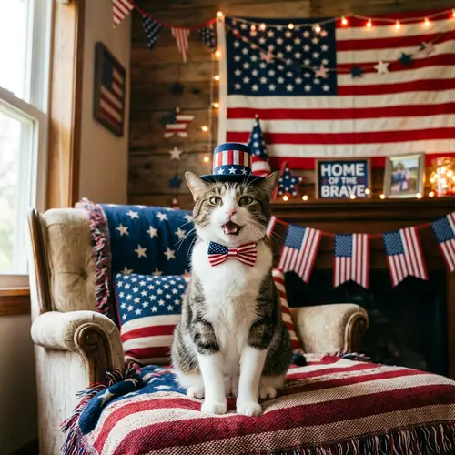Adorable Cat Singing the American Anthem in Patriotic Setting