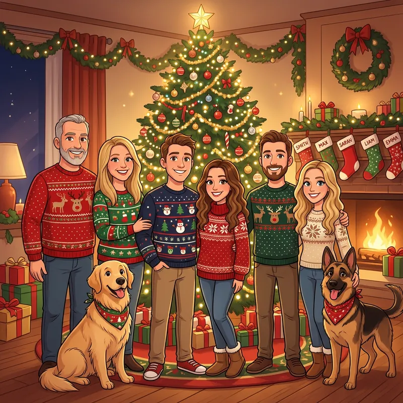 Cartoon Family Christmas with Cute Pets