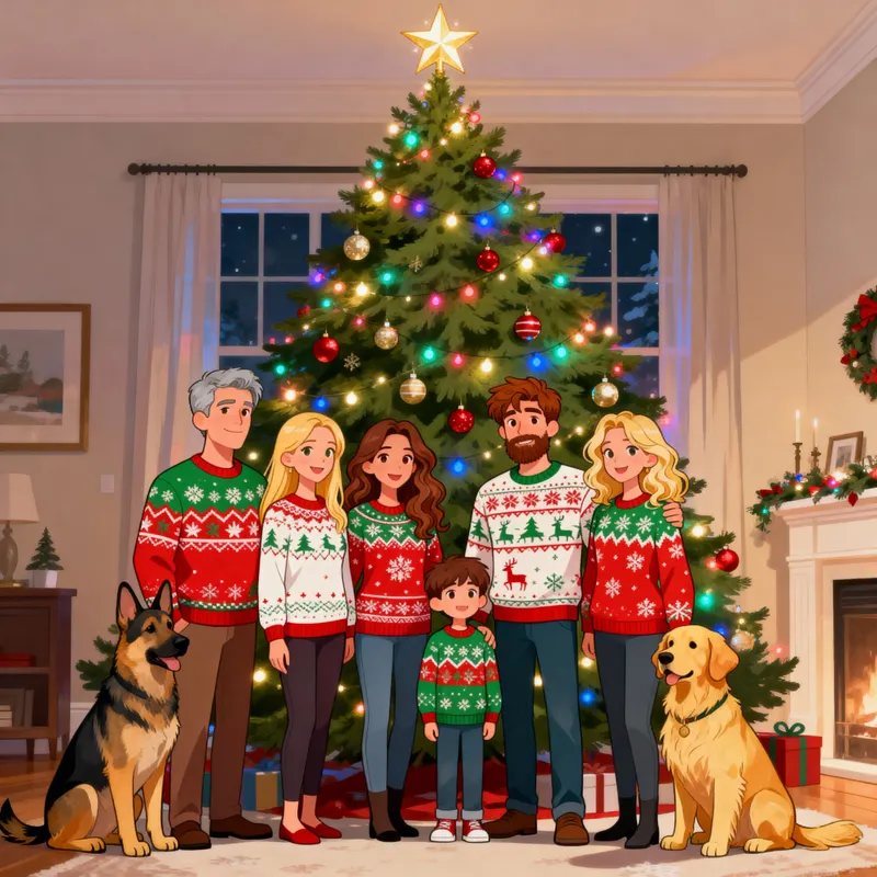 Cartoon Family Christmas with Cute Pets Cartoon Family Christmas with Cute Pets