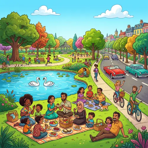Colorful and Vibrant Park Scene | Diverse Families Enjoying a Picnic