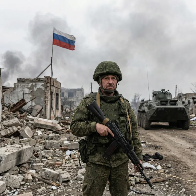 Russian Soldier with Gun: War Victory in Vehicle
