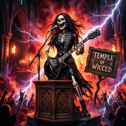 Temple of Wicced: Skeletal Female Preacher Rocking Fender Stratocaster