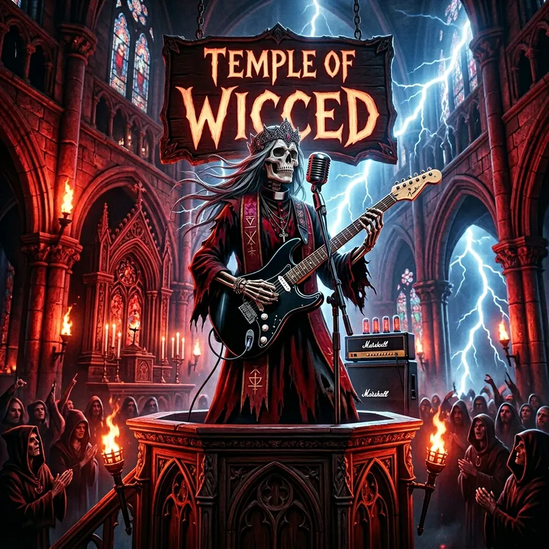 Crimson Temple Scene: Female Skeleton Preacher Playing Guitar Crimson Temple Scene: Female Skeleton Preacher Playing Guitar