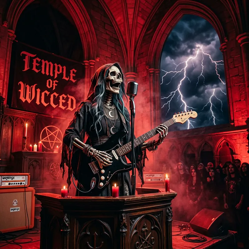 Temple of Wicced: Ethereal Skeleton Preacher Playing Guitar with Lightning Temple of Wicced: Ethereal Skeleton Preacher Playing Guitar with Lightning