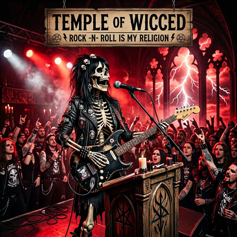 Temple of Wicced: Female Skeleton Preacher Rocking Out with Fender Stratocaster