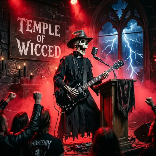 Temple of Wicced: Female Skeleton Preacher Rocking Black Guitar