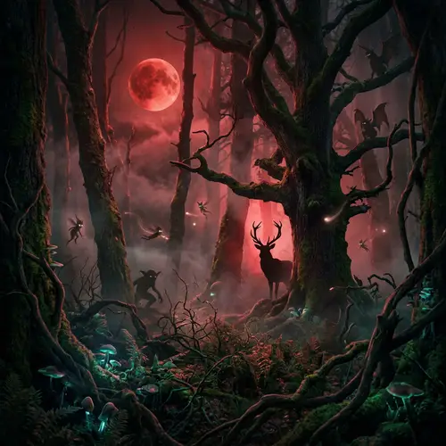 Mysterious Forest under Blood-Red Moon | Surreal Creatures