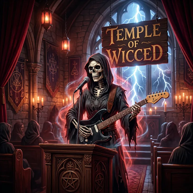 Temple of Wicced: Mystical Female Skeleton Preacher with Black Fender Stratocaster Guitar