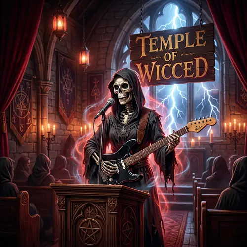 Temple of Wicced: Female Skeleton Preacher Playing Black Fender Stratocaster Guitar