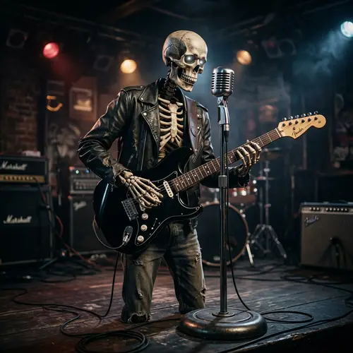 Skeleton playing black Stratocaster guitar with microphone