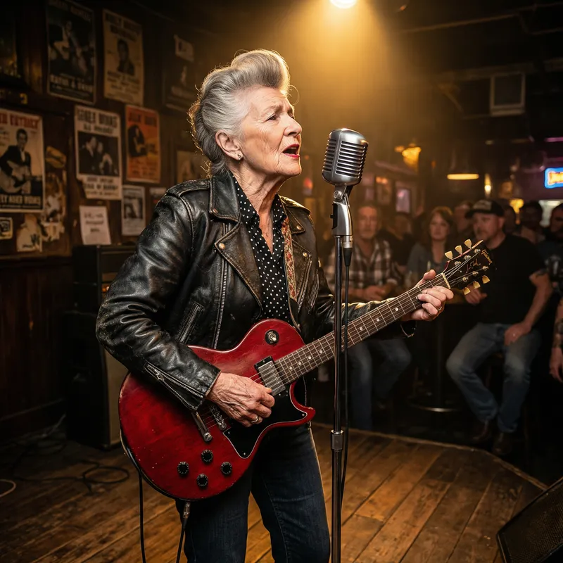 Rockabilly Old Woman in Leather Jacket | Guitar & Singing