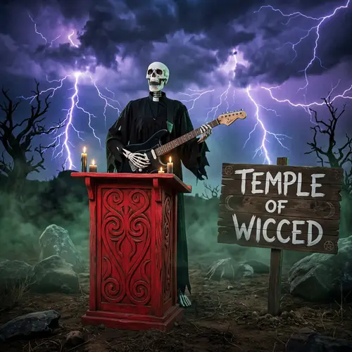 Skeleton Preacher at Temple of Wicced - Mystical Red Pulpit Scene
